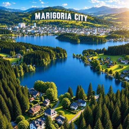 Aerial view of the lakeside town with the Marigoria hillside sign