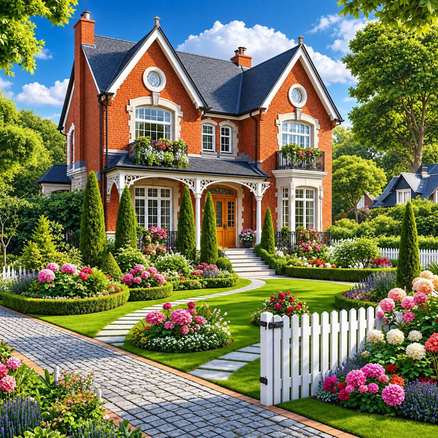 A brick villa residence with a flowering garden in Marigoria City