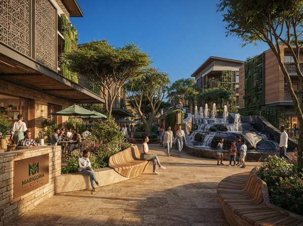 A calm public courtyard with a central fountain and wooden seating