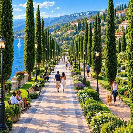 A cypress-lined promenade along the lakeside