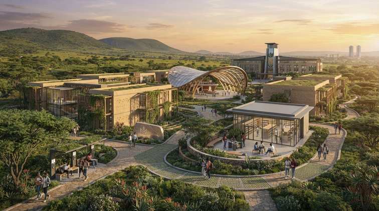 Marigoria education campus with a green-roofed library pavilion