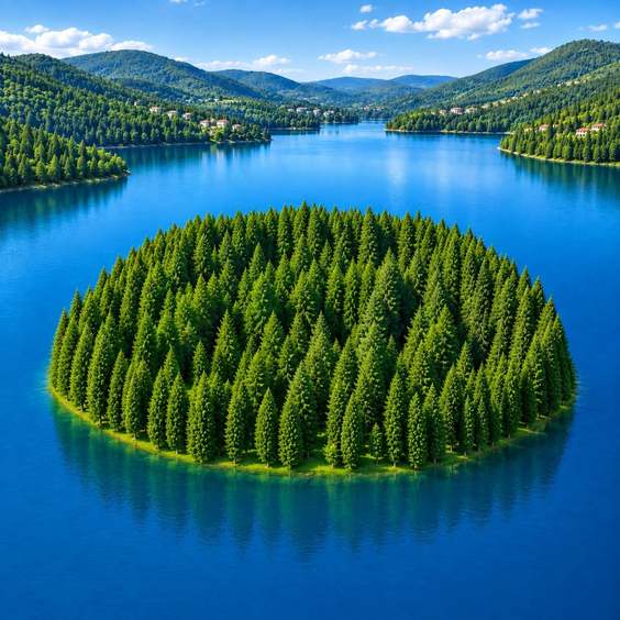 A forested island in the middle of the Grand Lake