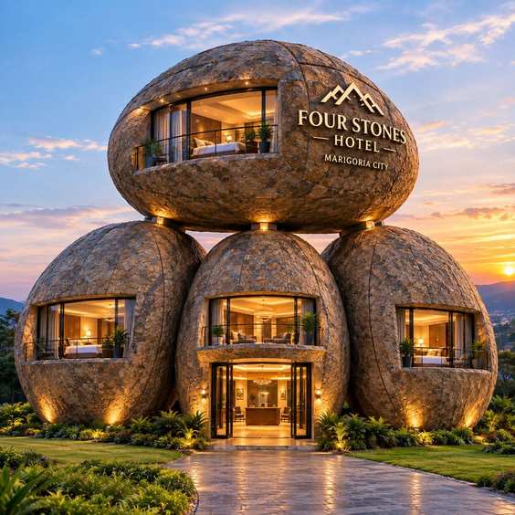 Exterior of the Four Stones Hotel at sunset
