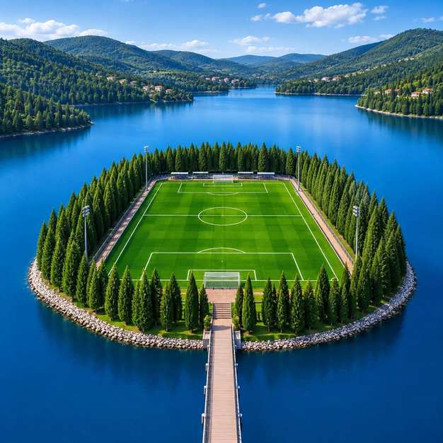 Aerial view of a football pitch on an island in the lake