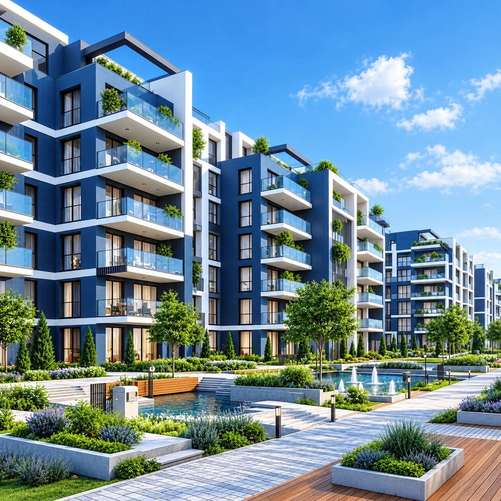 Modern apartment residences with water features