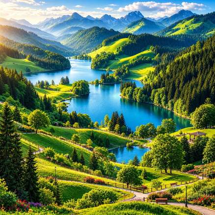 A scenic hillside park overlooking a mountain lake