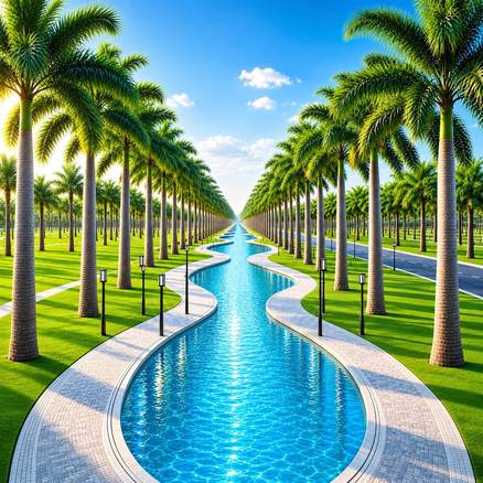 A palm-lined avenue running beside a water canal
