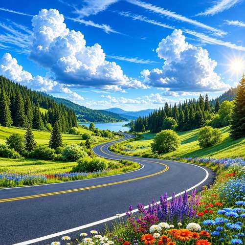 A scenic winding road leading down to the lake