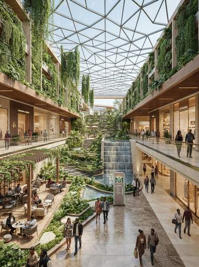 Shopping atrium with living green walls and an indoor waterfall