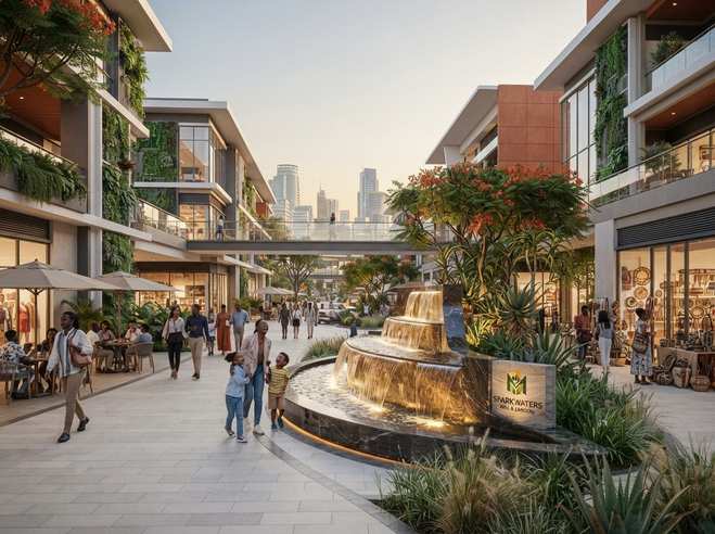 Sparkwaters Mall fountain plaza lined with shops and cafes