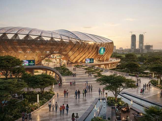 Marigoria Global Stadium plaza at sunset beneath a woven timber facade