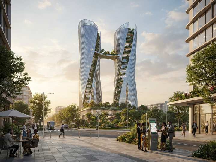 Street-level view of the Marigoria Twin Towers joined by a sky bridge